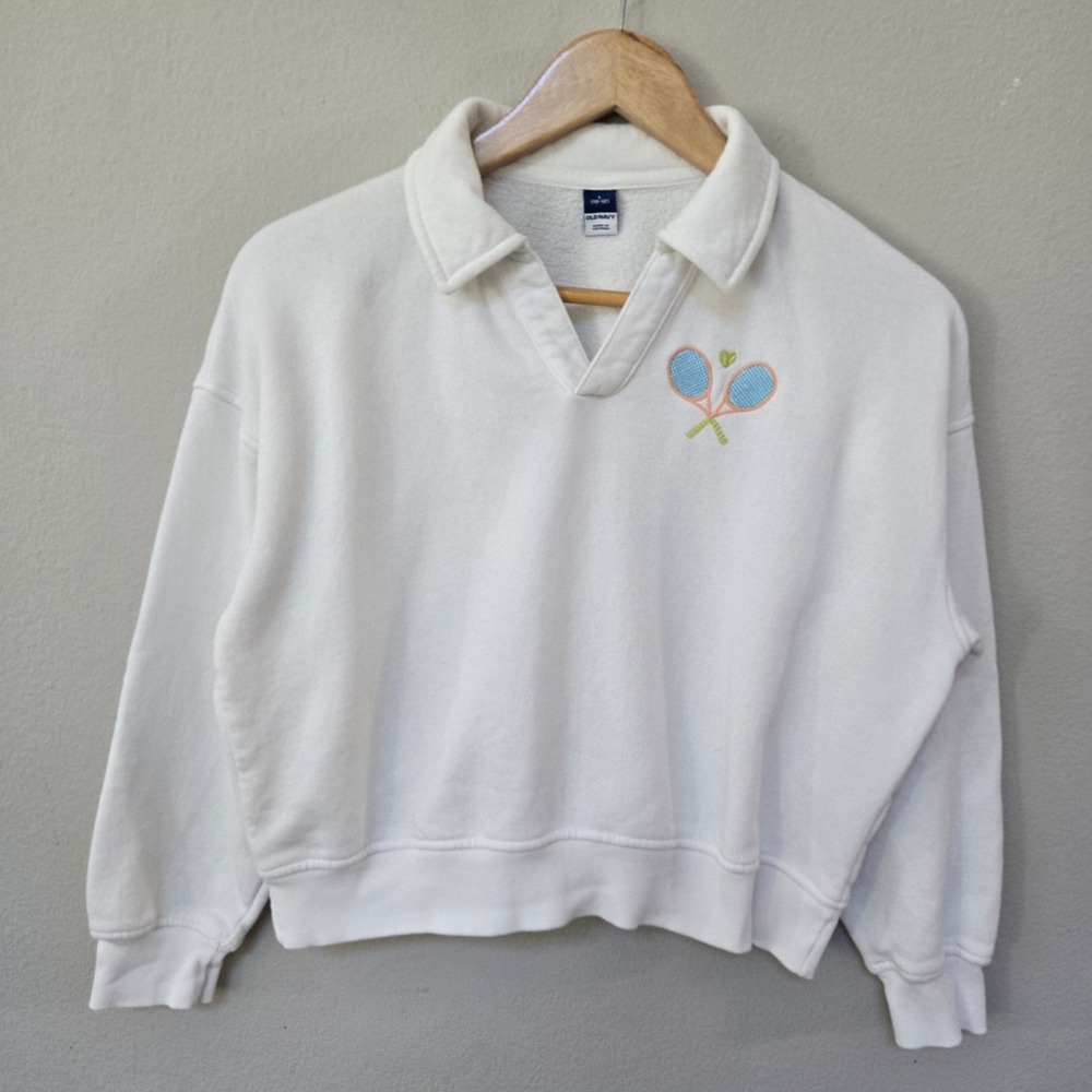 Old Navy Sweatshirt L 10-12 White Tennis Racket Embroidered Polo Fleece Pullover